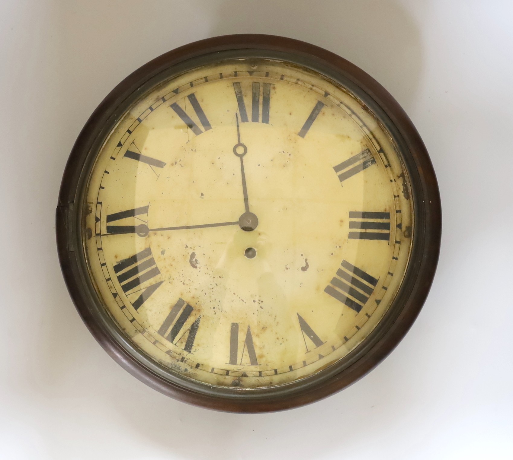 A Victorian fusee wall clock, with convex dial, pendulum but no key